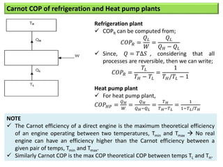 Carnot COP of refrigeration and Heat pump plants
Refrigeration plant
 COPR can be computed from;
𝐶𝑂𝑃𝑅 =
𝑄𝐿
𝑊
=
𝑄𝐿
𝑄𝐻 − 𝑄𝐿
 Since, 𝑄 = 𝑇∆𝑆 , considering that all
processes are reversible, then we can write;
𝐶𝑂𝑃𝑅 =
𝑇𝐿
𝑇𝐻 − 𝑇𝐿
=
1
𝑇𝐻/𝑇𝐿 − 1
Heat pump plant
 For heat pump plant,
𝐶𝑂𝑃𝐻𝑃 =
𝑄𝐻
𝑊
=
𝑄𝐻
𝑄𝐻−𝑄𝐿
=
𝑇𝐻
𝑇𝐻−𝑇𝐿
=
1
1−𝑇𝐿/𝑇𝐻
NOTE
 The Carnot efficiency of a direct engine is the maximum theoretical efficiency
of an engine operating between two temperatures, Tmin and Tmax  No real
engine can have an efficiency higher than the Carnot efficiency between a
given pair of temps, Tmin and Tmax.
 Similarly Carnot COP is the max COP theoretical COP between temps TL and TH.
 