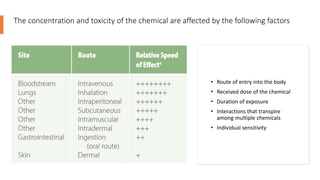 The concentration and toxicity of the chemical are affected by the following factors
• Route of entry into the body
• Received dose of the chemical
• Duration of exposure
• Interactions that transpire
among multiple chemicals
• Individual sensitivity
 