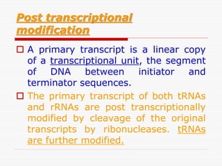 Post transcriptional
modification
 A primary transcript is a linear copy
of a transcriptional unit, the segment
of DNA between initiator and
terminator sequences.
 The primary transcript of both tRNAs
and rRNAs are post transcriptionally
modified by cleavage of the original
transcripts by ribonucleases. tRNAs
are further modified.
 