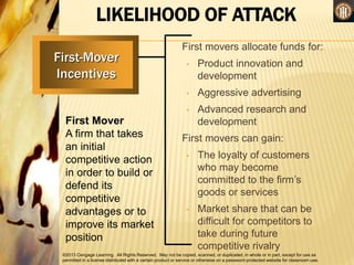 ©2013 Cengage Learning. All Rights Reserved. May not be copied, scanned, or duplicated, in whole or in part, except for use as
permitted in a license distributed with a certain product or service or otherwise on a password-protected website for classroom use.
LIKELIHOOD OF ATTACK
First-Mover
Incentives
First Mover
A firm that takes
an initial
competitive action
in order to build or
defend its
competitive
advantages or to
improve its market
position
First movers allocate funds for:
• Product innovation and
development
• Aggressive advertising
• Advanced research and
development
First movers can gain:
• The loyalty of customers
who may become
committed to the firm’s
goods or services
• Market share that can be
difficult for competitors to
take during future
competitive rivalry
 