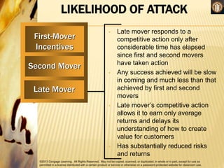©2013 Cengage Learning. All Rights Reserved. May not be copied, scanned, or duplicated, in whole or in part, except for use as
permitted in a license distributed with a certain product or service or otherwise on a password-protected website for classroom use.
LIKELIHOOD OF ATTACK
First-Mover
Incentives
Second Mover
Late Mover
• Late mover responds to a
competitive action only after
considerable time has elapsed
since first and second movers
have taken action
• Any success achieved will be slow
in coming and much less than that
achieved by first and second
movers
• Late mover’s competitive action
allows it to earn only average
returns and delays its
understanding of how to create
value for customers
• Has substantially reduced risks
and returns
 