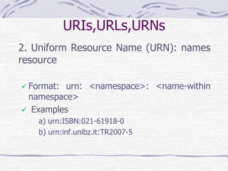 URIs,URLs,URNs
2. Uniform Resource Name (URN): names
resource
 Format: urn: <namespace>: <name-within
namespace>
 Examples
a) urn:ISBN:021-61918-0
b) urn:inf.unibz.it:TR2007-5
 