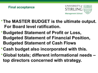 Final acceptance
•The MASTER BUDGET is the ultimate output.
For Board level ratification.
•Budgeted Statement of Profit or Loss,
Budgeted Statement of Financial Position,
Budgeted Statement of Cash Flows
•Cash budget also incorporated with this.
•Global totals; different informational needs –
top directors concerned with strategy.
 