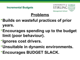 Incremental Budgets
Problems
•Builds on wasteful practices of prior
years.
•Encourages spending up to the budget
limit (poor behaviour).
•Ignores cost drivers.
•Unsuitable in dynamic environments.
•Encourages BUDGET SLACK.
 