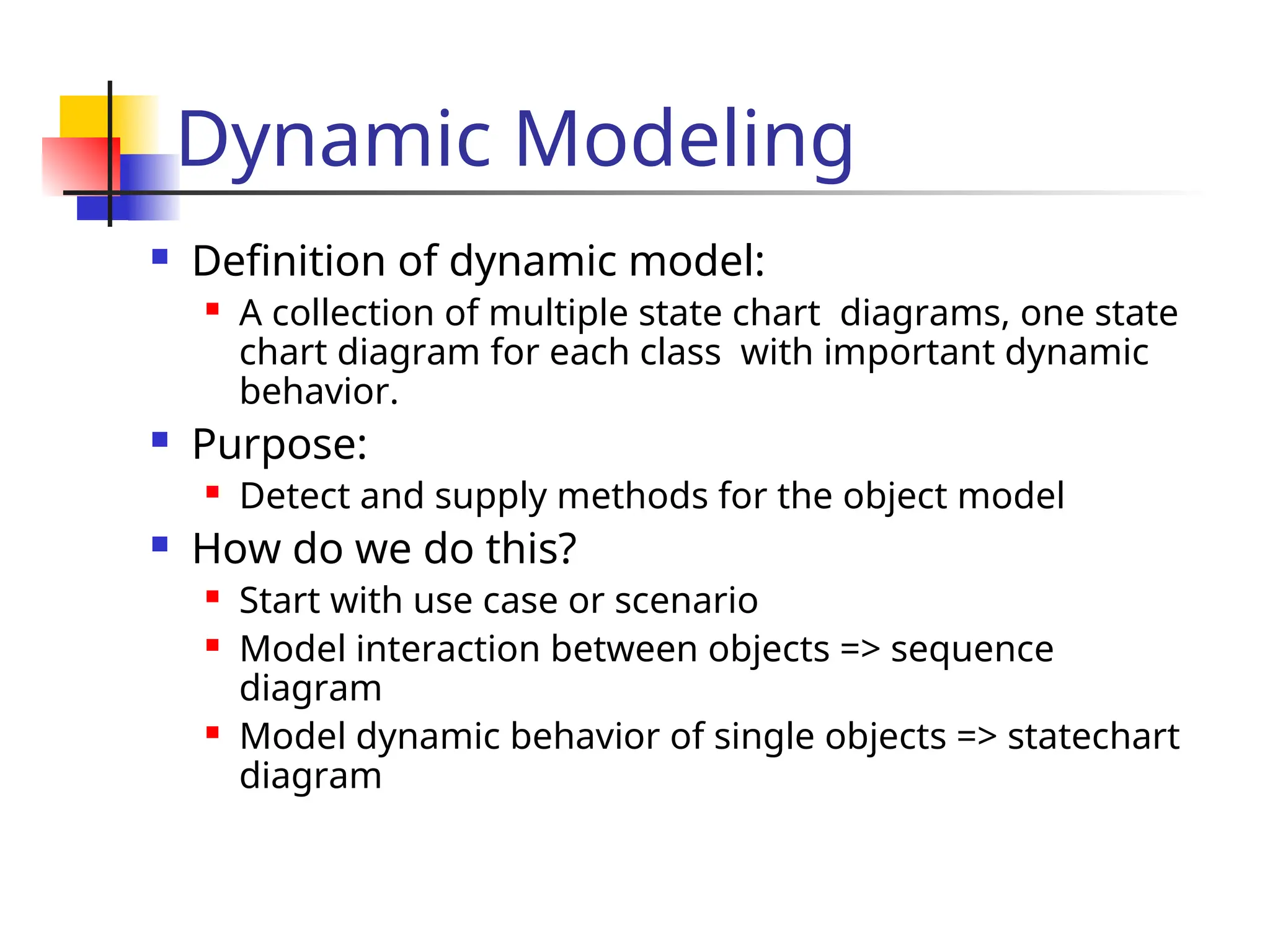 Dynamic Modeling
 Definition of dynamic model:
 A collection of multiple state chart diagrams, one state
chart diagram for each class with important dynamic
behavior.
 Purpose:
 Detect and supply methods for the object model
 How do we do this?
 Start with use case or scenario
 Model interaction between objects => sequence
diagram
 Model dynamic behavior of single objects => statechart
diagram
 