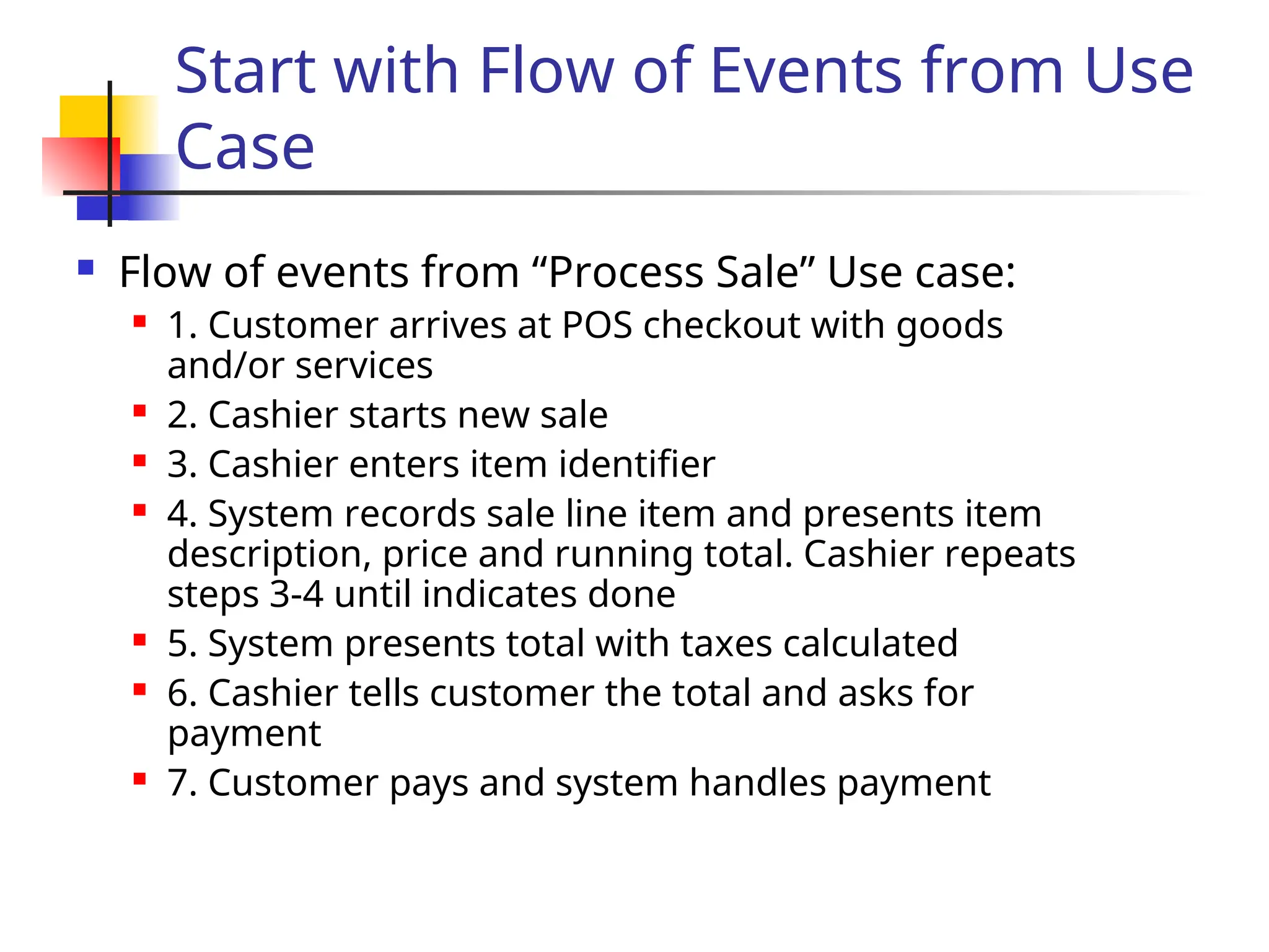 Start with Flow of Events from Use
Case
 Flow of events from “Process Sale” Use case:
 1. Customer arrives at POS checkout with goods
and/or services
 2. Cashier starts new sale
 3. Cashier enters item identifier
 4. System records sale line item and presents item
description, price and running total. Cashier repeats
steps 3-4 until indicates done
 5. System presents total with taxes calculated
 6. Cashier tells customer the total and asks for
payment
 7. Customer pays and system handles payment
 