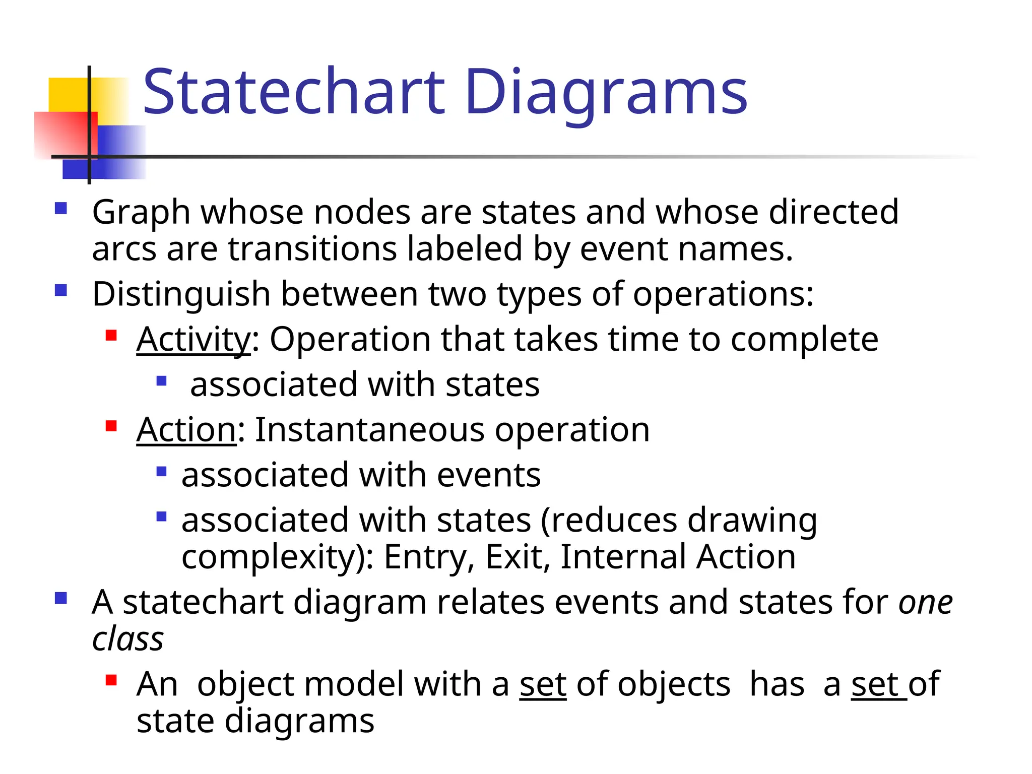 Statechart Diagrams
 Graph whose nodes are states and whose directed
arcs are transitions labeled by event names.
 Distinguish between two types of operations:
 Activity: Operation that takes time to complete

associated with states
 Action: Instantaneous operation

associated with events

associated with states (reduces drawing
complexity): Entry, Exit, Internal Action
 A statechart diagram relates events and states for one
class
 An object model with a set of objects has a set of
state diagrams
 