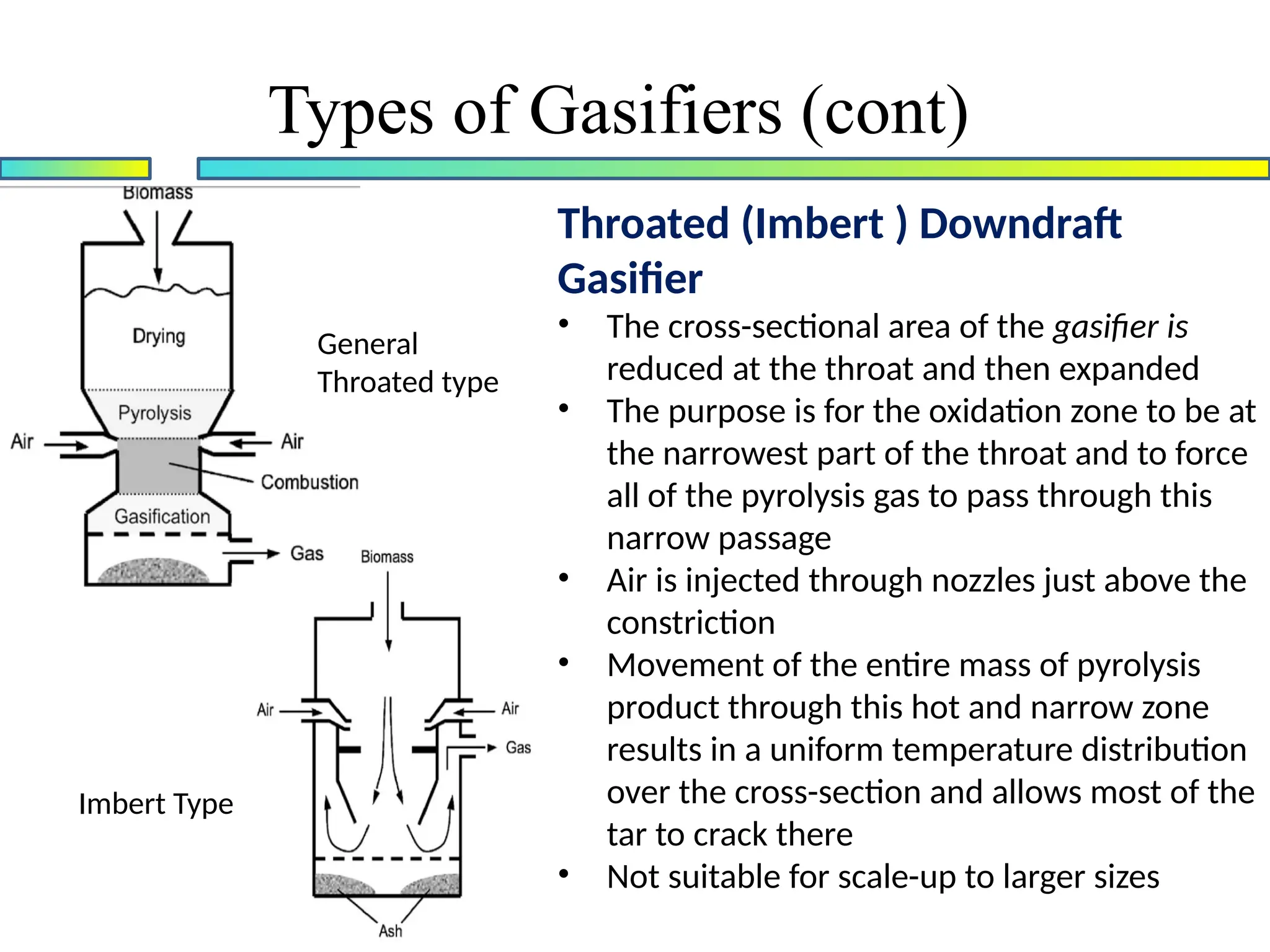 Throated (Imbert ) Downdraft
Gasifier
• The cross-sectional area of the gasifier is
reduced at the throat and then expanded
• The purpose is for the oxidation zone to be at
the narrowest part of the throat and to force
all of the pyrolysis gas to pass through this
narrow passage
• Air is injected through nozzles just above the
constriction
• Movement of the entire mass of pyrolysis
product through this hot and narrow zone
results in a uniform temperature distribution
over the cross-section and allows most of the
tar to crack there
• Not suitable for scale-up to larger sizes
General
Throated type
Imbert Type
Types of Gasifiers (cont)
 