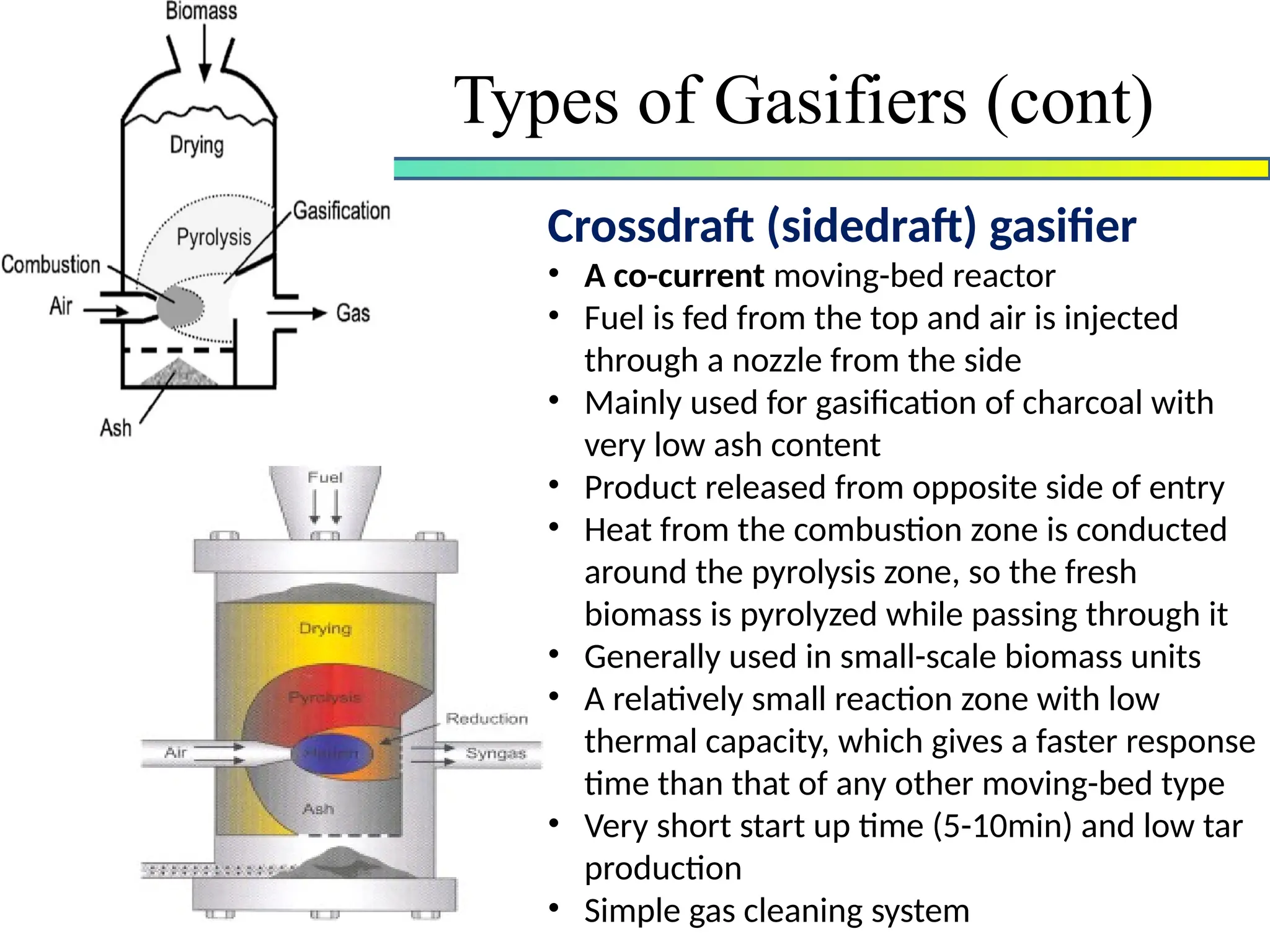 Crossdraft (sidedraft) gasifier
• A co-current moving-bed reactor
• Fuel is fed from the top and air is injected
through a nozzle from the side
• Mainly used for gasification of charcoal with
very low ash content
• Product released from opposite side of entry
• Heat from the combustion zone is conducted
around the pyrolysis zone, so the fresh
biomass is pyrolyzed while passing through it
• Generally used in small-scale biomass units
• A relatively small reaction zone with low
thermal capacity, which gives a faster response
time than that of any other moving-bed type
• Very short start up time (5-10min) and low tar
production
• Simple gas cleaning system
Types of Gasifiers (cont)
 