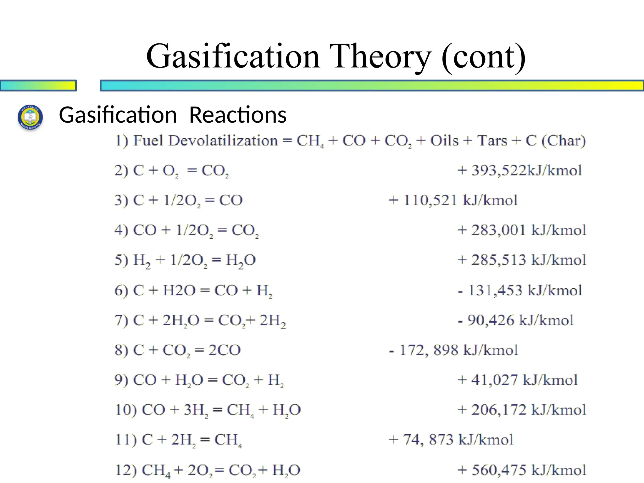 Gasification Theory (cont)
Gasification Reactions
 