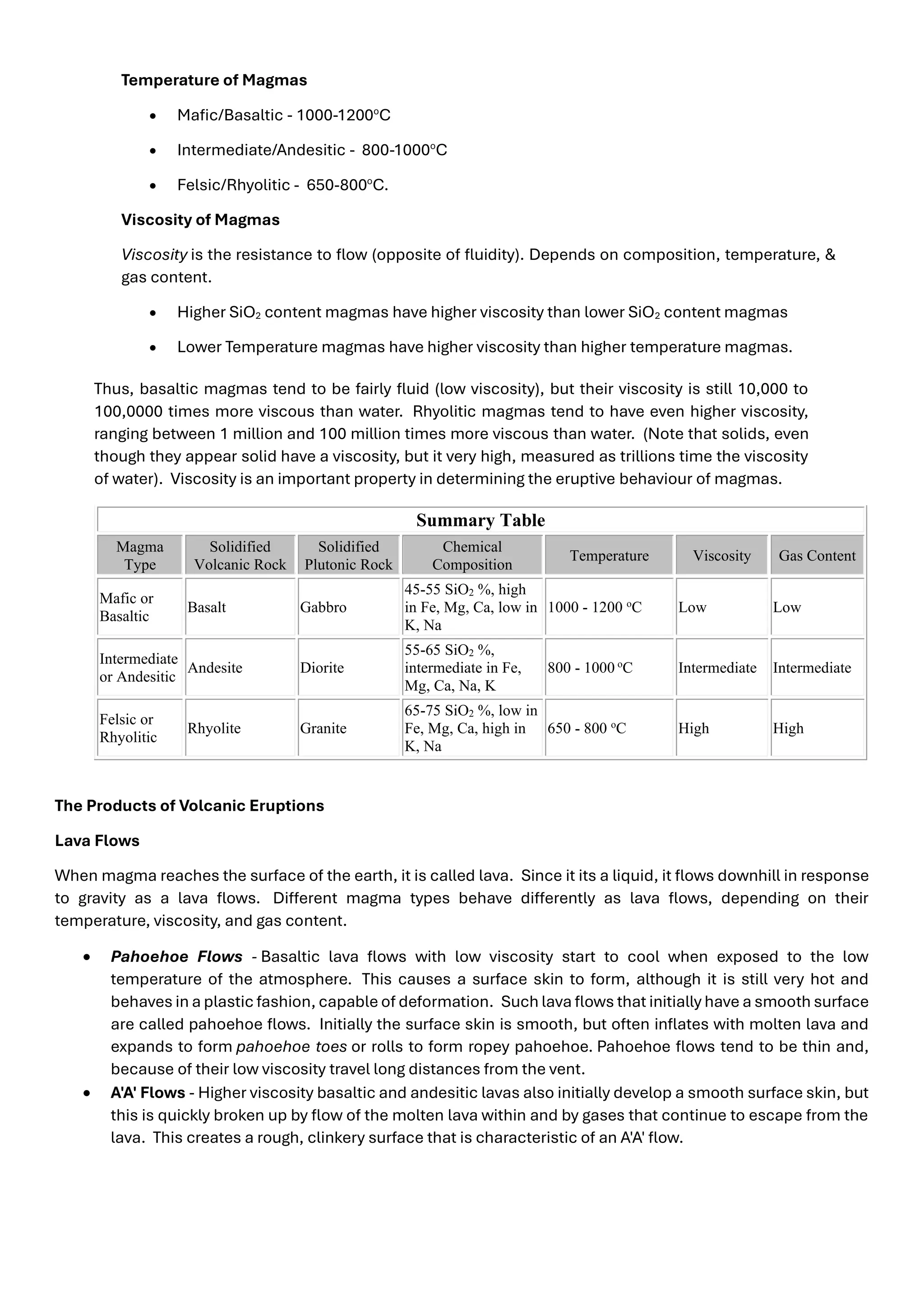 Temperature of Magmas
• Mafic/Basaltic - 1000-1200o
C
• Intermediate/Andesitic - 800-1000o
C
• Felsic/Rhyolitic - 650-800o
C.
Viscosity of Magmas
Viscosity is the resistance to flow (opposite of fluidity). Depends on composition, temperature, &
gas content.
• Higher SiO2 content magmas have higher viscosity than lower SiO2 content magmas
• Lower Temperature magmas have higher viscosity than higher temperature magmas.
Thus, basaltic magmas tend to be fairly fluid (low viscosity), but their viscosity is still 10,000 to
100,0000 times more viscous than water. Rhyolitic magmas tend to have even higher viscosity,
ranging between 1 million and 100 million times more viscous than water. (Note that solids, even
though they appear solid have a viscosity, but it very high, measured as trillions time the viscosity
of water). Viscosity is an important property in determining the eruptive behaviour of magmas.
Summary Table
Magma
Type
Solidified
Volcanic Rock
Solidified
Plutonic Rock
Chemical
Composition
Temperature Viscosity Gas Content
Mafic or
Basaltic
Basalt Gabbro
45-55 SiO2 %, high
in Fe, Mg, Ca, low in
K, Na
1000 - 1200 o
C Low Low
Intermediate
or Andesitic
Andesite Diorite
55-65 SiO2 %,
intermediate in Fe,
Mg, Ca, Na, K
800 - 1000 o
C Intermediate Intermediate
Felsic or
Rhyolitic
Rhyolite Granite
65-75 SiO2 %, low in
Fe, Mg, Ca, high in
K, Na
650 - 800 o
C High High
The Products of Volcanic Eruptions
Lava Flows
When magma reaches the surface of the earth, it is called lava. Since it its a liquid, it flows downhill in response
to gravity as a lava flows. Different magma types behave differently as lava flows, depending on their
temperature, viscosity, and gas content.
• Pahoehoe Flows - Basaltic lava flows with low viscosity start to cool when exposed to the low
temperature of the atmosphere. This causes a surface skin to form, although it is still very hot and
behaves in a plastic fashion, capable of deformation. Such lava flows that initially have a smooth surface
are called pahoehoe flows. Initially the surface skin is smooth, but often inflates with molten lava and
expands to form pahoehoe toes or rolls to form ropey pahoehoe. Pahoehoe flows tend to be thin and,
because of their low viscosity travel long distances from the vent.
• A'A' Flows - Higher viscosity basaltic and andesitic lavas also initially develop a smooth surface skin, but
this is quickly broken up by flow of the molten lava within and by gases that continue to escape from the
lava. This creates a rough, clinkery surface that is characteristic of an A'A' flow.
 