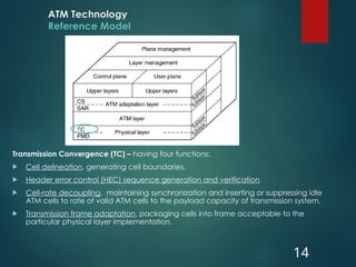 ATM Technology
Reference Model
Transmission Convergence (TC) – having four functions:
 Cell delineation, generating cell boundaries.
 Header error control (HEC) sequence generation and verification
 Cell-rate decoupling, maintaining synchronization and inserting or suppressing idle
ATM cells to rate of valid ATM cells to the payload capacity of transmission system.
 Transmission frame adaptation, packaging cells into frame acceptable to the
particular physical layer implementation.
14
 