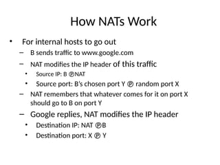 How NATs Work
• For internal hosts to go out
– B sends traffic to www.google.com
– NAT modifies the IP header of this traffic
• Source IP: B NAT
• Source port: B’s chosen port Y  random port X
– NAT remembers that whatever comes for it on port X
should go to B on port Y
– Google replies, NAT modifies the IP header
• Destination IP: NAT B
• Destination port: X  Y
 