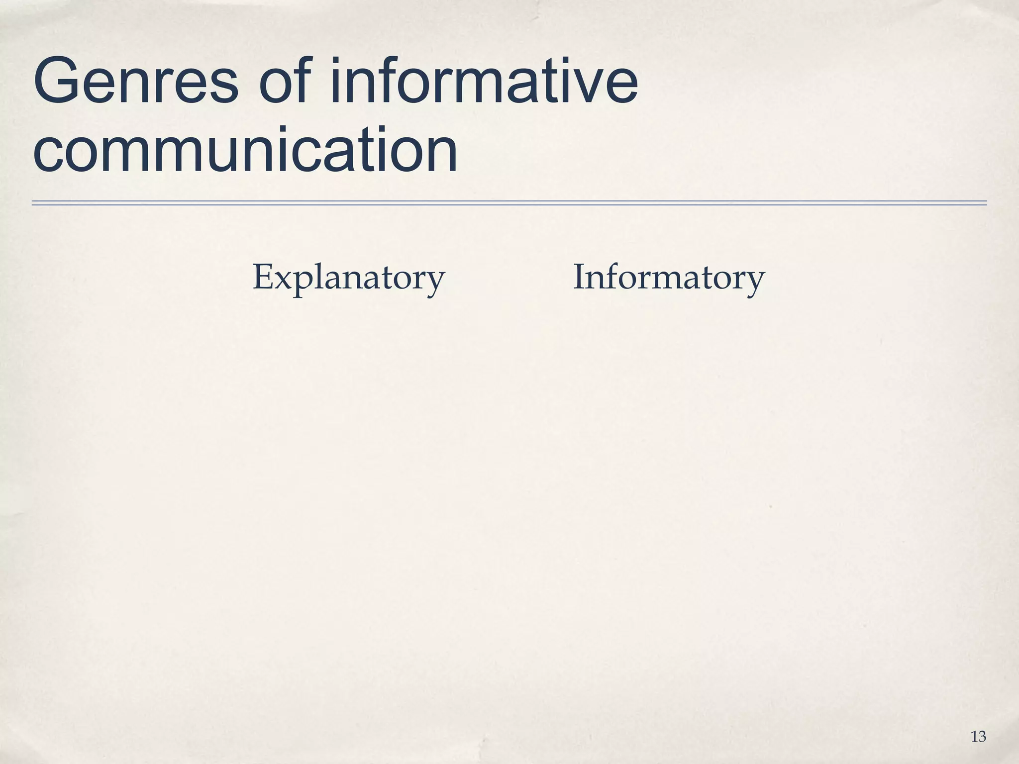 Genres of informative
communication
       Explanatory   Informatory




                                   13
 
