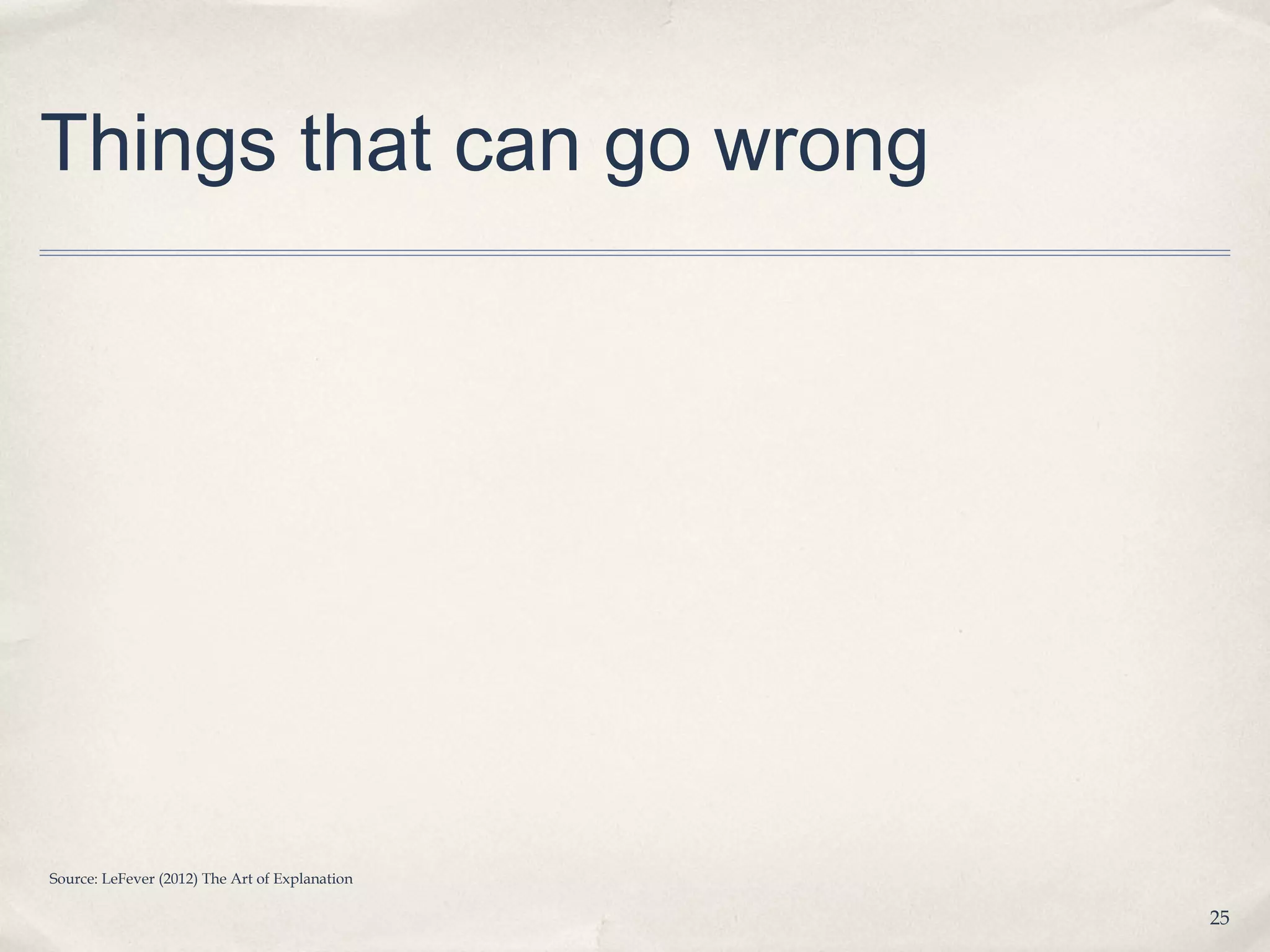Things that can go wrong




Source: LeFever (2012) The Art of Explanation

                                                25
 