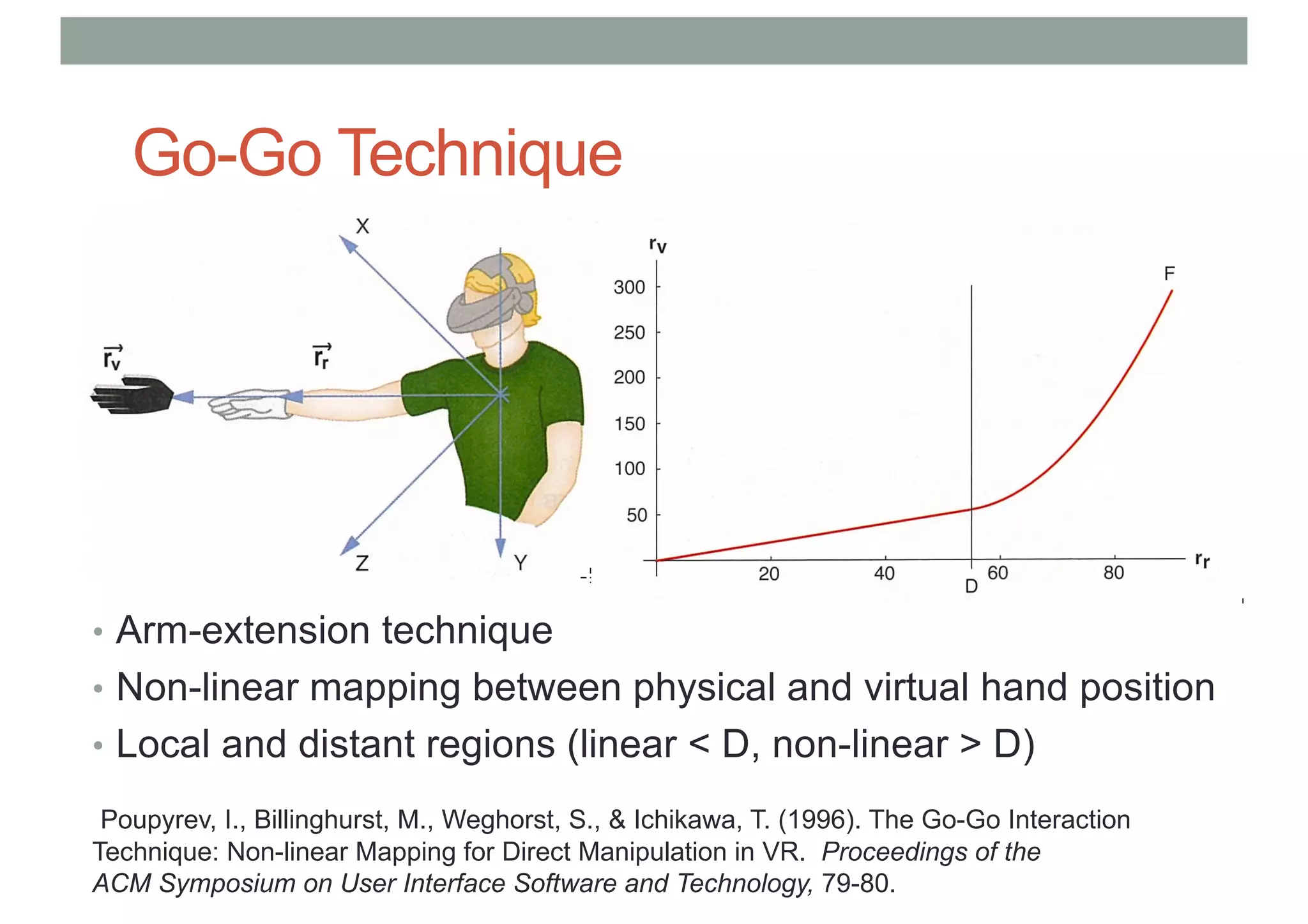 Go-Go Technique
• Arm-extension technique
• Non-linear mapping between physical and virtual hand position
• Local and distant regions (linear < D, non-linear > D)
Poupyrev, I., Billinghurst, M., Weghorst, S., & Ichikawa, T. (1996). The Go-Go Interaction
Technique: Non-linear Mapping for Direct Manipulation in VR. Proceedings of the
ACM Symposium on User Interface Software and Technology, 79-80.
 