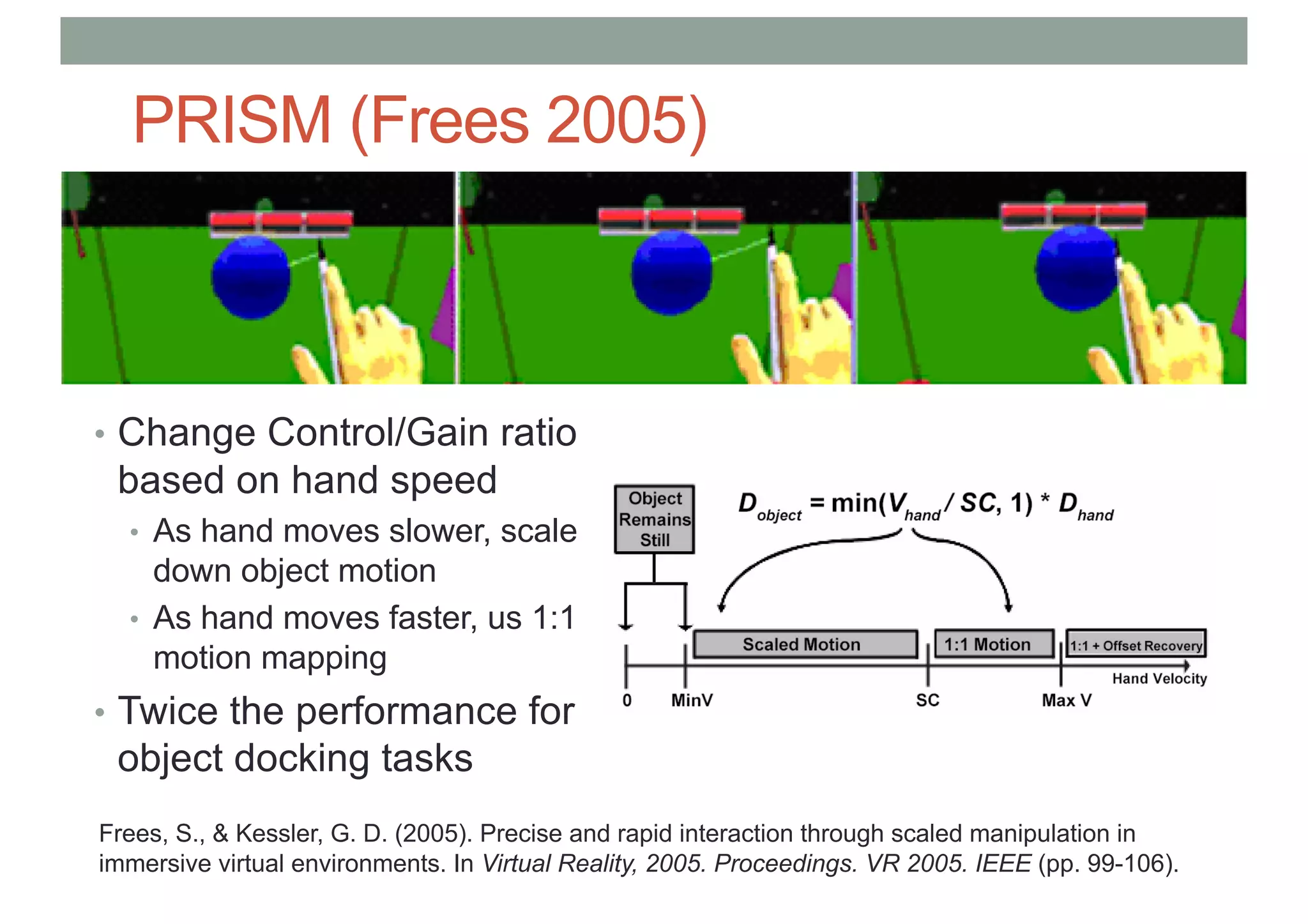 PRISM (Frees 2005)
• Change Control/Gain ratio
based on hand speed
• As hand moves slower, scale
down object motion
• As hand moves faster, us 1:1
motion mapping
• Twice the performance for
object docking tasks
Frees, S., & Kessler, G. D. (2005). Precise and rapid interaction through scaled manipulation in
immersive virtual environments. In Virtual Reality, 2005. Proceedings. VR 2005. IEEE (pp. 99-106).
 