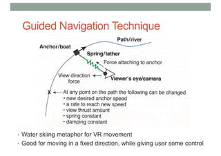 Guided Navigation Technique
• Water skiing metaphor for VR movement
• Good for moving in a fixed direction, while giving user some control
 