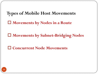 Types of Mobile Host Movements
 Movements by Nodes in a Route
 Movements by Subnet-Bridging Nodes
 Concurrent Node Movements
54
 
