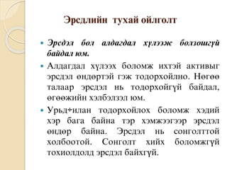 Ýðñäëèéí òóõàé îéëãîëò
 Ýðñäýë áîë àëäàãäàë õ¿ëýýæ áîëçîøã¿é
áàéäàë þì.
 Àëäàãäàë õ¿ëýýõ áîëîìæ èõòýé àêòèâûã
ýðñäýë ºíäºðòýé ãýæ òîäîðõîéëíî. Íºãºº
òàëààð ýðñäýë íü òîäîðõîéã¿é áàéäàë,
ºãººæèéí õýëáýëçýë þì.
 Óðüä÷èëàí òîäîðõîéëîõ áîëîìæ õýäèé
õýð áàãà áàéíà òýð õýìæýýãýýð ýðñäýë
ºíäºð áàéíà. Эрсдэл нь сонголттой
холбоотой. Сонголт хийх боломжгүй
тохиолдолд эрсдэл байхгүй.
 
