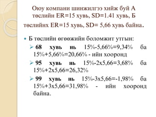 Оюу компани шинжилгээ хийж буй А
төслийн ER=15 хувь, SD=1.41 хувь, Б
төслийнх ER=15 хувь, SD= 5,66 хувь байна.
 Б төслийн өгөөжийн боломжит утгын:
 68 хувь нь 15%-5,66%=9,34% ба
15%+5,66%=20,66% - ийн хооронд
 95 хувь нь 15%-2х5,66=3,68% ба
15%+2х5,66=26,32%
 99 хувь нь 15%-3х5,66=-1,98% ба
15%+3х5,66=31,98% - ийн хооронд
байна.
 