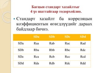  Стандарт хазайлт ба корреляцын
коэффициентын өгөгдлүүдийг дараах
байдлаар бичнэ.
SDa SDb SDc SDd
SDa Raa Rab Rac Rad
SDb Rba Rbb Rbc Rdc
SDc Rca Rcb Rcc Rcd
SDd Rda Rdb Rdc Rdd
 