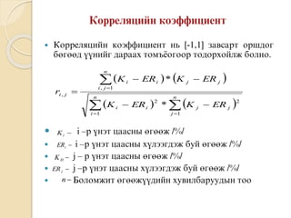  Êîððåëÿöèéí êîýôôèöèåíò íü [-1,1] çàâñàðò îðøäîã
áºãººä ¿¿íèéã äàðààõ òîìú¸îãîîð òîäîðõîéëæ áîëíî.
 i –ð ¿íýò öààñíû ºãººæ /%/
 i –ð ¿íýò öààñíû õ¿ëýýãäýæ áóé ºãººæ /%/
 j – ð ¿íýò öààñíû ºãººæ /%/
 j –ð ¿íýò öààñíû õ¿ëýýãäýæ áóé ºãººæ /%/
 Áîëîìæèò ºãººæ¿¿äèéí õóâèëáàðóóäûí òîî
   
    

 




n
i
n
j
jjii
n
ji
jjii
ji
ERKERK
ERKERK
r
1 1
22
1,
,
*
*
iK
iER
ÐK
jER
n
 