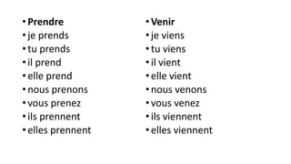 • Prendre
• je prends
• tu prends
• il prend
• elle prend
• nous prenons
• vous prenez
• ils prennent
• elles prennent
•Venir
•je viens
•tu viens
•il vient
•elle vient
•nous venons
•vous venez
•ils viennent
•elles viennent
 