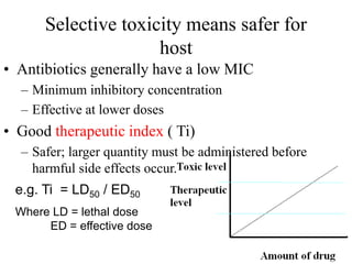 Selective toxicity means safer for
host
• Antibiotics generally have a low MIC
– Minimum inhibitory concentration
– Effective at lower doses
• Good therapeutic index ( Ti)
– Safer; larger quantity must be administered before
harmful side effects occur.
e.g. Ti = LD50 / ED50
Where LD = lethal dose
ED = effective dose
 