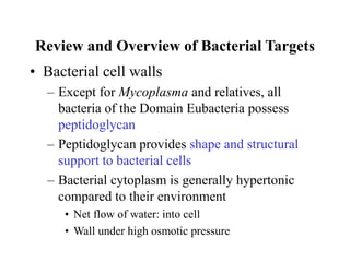 Review and Overview of Bacterial Targets
• Bacterial cell walls
– Except for Mycoplasma and relatives, all
bacteria of the Domain Eubacteria possess
peptidoglycan
– Peptidoglycan provides shape and structural
support to bacterial cells
– Bacterial cytoplasm is generally hypertonic
compared to their environment
• Net flow of water: into cell
• Wall under high osmotic pressure
 