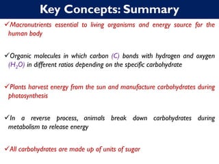 Key Concepts: Summary
✓Macronutrients essential to living organisms and energy source for the
human body
✓Organic molecules in which carbon (C) bonds with hydrogen and oxygen
(H2O) in different ratios depending on the specific carbohydrate
✓Plants harvest energy from the sun and manufacture carbohydrates during
photosynthesis
✓In a reverse process, animals break down carbohydrates during
metabolism to release energy
✓All carbohydrates are made up of units of sugar
 