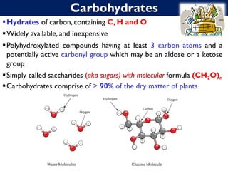 Carbohydrates
▪Hydrates of carbon, containing C, H and O
▪Widely available, and inexpensive
▪Polyhydroxylated compounds having at least 3 carbon atoms and a
potentially active carbonyl group which may be an aldose or a ketose
group
▪Simply called saccharides (aka sugars) with molecular formula (CH2O)n
▪Carbohydrates comprise of > 90% of the dry matter of plants
 