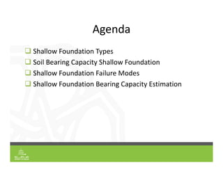 Agenda
 Shallow Foundation Types
 Soil Bearing Capacity Shallow Foundation
 Shallow Foundation Failure Modes
 Shallow Foundation Bearing Capacity Estimation
 
