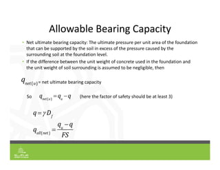 Allowable Bearing Capacity
• Net ultimate bearing capacity: The ultimate pressure per unit area of the foundation
that can be supported by the soil in excess of the pressure caused by the
surrounding soil at the foundation level.
• If the difference between the unit weight of concrete used in the foundation and
the unit weight of soil surrounding is assumed to be negligible, then
= net ultimate bearing capacity
So (here the factor of safety should be at least 3)
qnet(u)
 qu
q
qnet(u)
q  Df
qall(net )

qu
q
FS
 