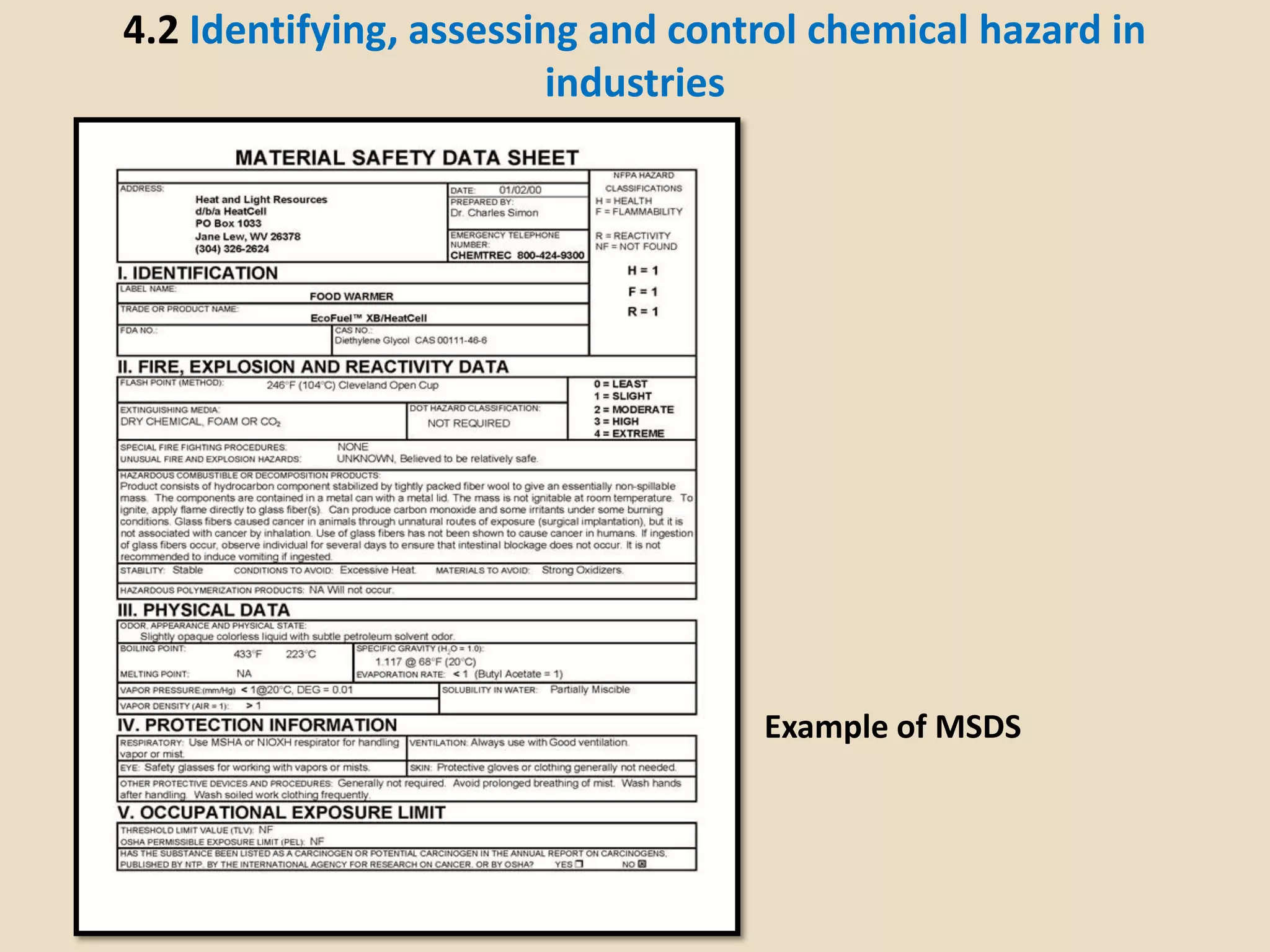 4.2 Identifying, assessing and control chemical hazard in
industries
Example of MSDS
 