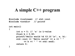 A simple C++ program
#include <iostream> // std::cout
#include <cstdio> // printf
int main()
{
int a = 5; // 'a' is L-value
float b = 0.9f;
printf("Hello world %d %3.1f n", a, b);
std::cout << "Hello world" << a << " "
<< b << " " << std::endl;
return 0;
}
 