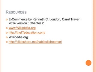 RESOURCES
 E-Commerce by Kenneth C. Loudon, Carol Traver :
2014 version : Chapter 2
 www.Wikipedia.org
 http://theITeducation.com/
 Wikipedia.org
 http://slideshare.net/habibullahqamar/
 