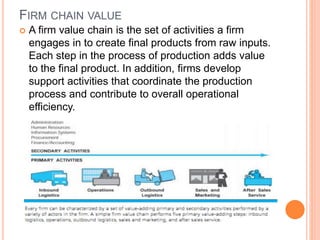FIRM CHAIN VALUE
 A firm value chain is the set of activities a firm
engages in to create final products from raw inputs.
Each step in the process of production adds value
to the final product. In addition, firms develop
support activities that coordinate the production
process and contribute to overall operational
efficiency.
 
