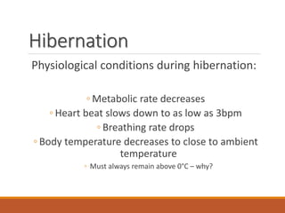 Hibernation
Physiological conditions during hibernation:
◦ Metabolic rate decreases
◦ Heart beat slows down to as low as 3bpm
◦ Breathing rate drops
◦ Body temperature decreases to close to ambient
temperature
◦ Must always remain above 0°C – why?
 