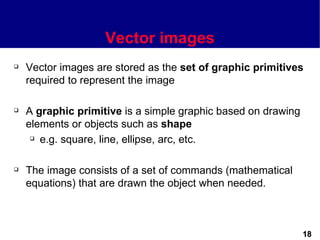 Vector images
   Vector images are stored as the set of graphic primitives
    required to represent the image

   A graphic primitive is a simple graphic based on drawing
    elements or objects such as shape
      e.g. square, line, ellipse, arc, etc.




   The image consists of a set of commands (mathematical
    equations) that are drawn the object when needed.



                                                               18
 