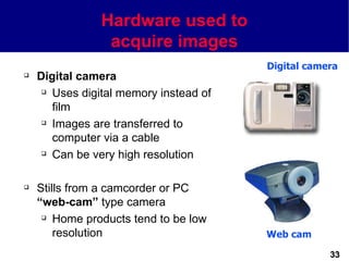 Hardware used to
                 acquire images
                                        Digital camera
   Digital camera
      Uses digital memory instead of

       film
      Images are transferred to

       computer via a cable
      Can be very high resolution




   Stills from a camcorder or PC
    “web-cam” type camera
      Home products tend to be low

        resolution                      Web cam

                                                    33
 
