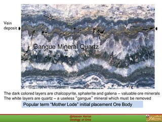 The dark colored layers are chalcopyrite, sphalerite and galena – valuable ore minerals
The white layers are quartz – a useless “gangue” mineral which must be removed
Gangue Mineral Quartz
Popular term “Mother Lode” initial placement Ore Body
@ Hassan Z. Harraz
Metallic Ore Deposits
17
 