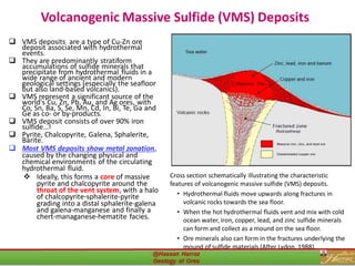 Volcanogenic Massive Sulfide (VMS) Deposits
❑ VMS deposits are a type of Cu-Zn ore
deposit associated with hydrothermal
events.
❑ They are predominantly stratiform
accumulations of sulfide minerals that
precipitate from hydrothermal fluids in a
wide range of ancient and modern
geological settings (especially the seafloor
but also land-based volcanics).
❑ VMS represent a significant source of the
world's Cu, Zn, Pb, Au, and Ag ores, with
Co, Sn, Ba, S, Se, Mn, Cd, In, Bi, Te, Ga and
Ge as co- or by-products.
❑ VMS deposit consists of over 90% iron
sulfide…!
❑ Pyrite, Chalcopyrite, Galena, Sphalerite,
Barite.
❑ Most VMS deposits show metal zonation,
caused by the changing physical and
chemical environments of the circulating
hydrothermal fluid.
❖ Ideally, this forms a core of massive
pyrite and chalcopyrite around the
throat of the vent system, with a halo
of chalcopyrite-sphalerite-pyrite
grading into a distal sphalerite-galena
and galena-manganese and finally a
chert-managanese-hematite facies.
Or hot springs
Cross section schematically illustrating the characteristic
features of volcanogenic massive sulfide (VMS) deposits.
• Hydrothermal fluids move upwards along fractures in
volcanic rocks towards the sea floor.
• When the hot hydrothermal fluids vent and mix with cold
ocean water, iron, copper, lead, and zinc sulfide minerals
can form and collect as a mound on the sea floor.
• Ore minerals also can form in the fractures underlying the
mound of sulfide materials (After Lydon, 1988).
35
 