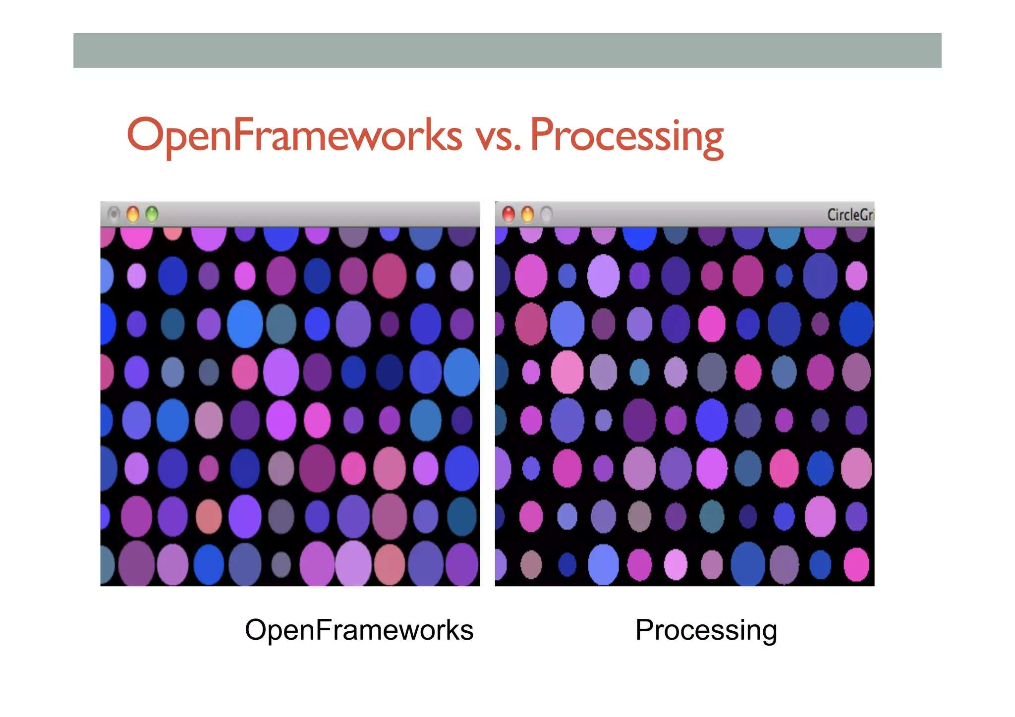 OpenFrameworks vs.Processing
OpenFrameworks Processing
 