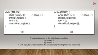 A proposed solution to the critical-region problem.
(a) Process 0.
(b) Process 1.
In both cases, be sure to note that the semicolons terminating the while statements.
20
 