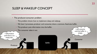 SLEEP & WAKEUP CONCEPT
• The producer-consumer problem
• This problem shows how to implement sleep and wakeup.
• We have 2 processes, producer and consumer, share a common, fixed-size buffer.
• The producer puts information into the buffer.
• The consumer takes it out.
Buffer
Producer
Consumer
33
I will produce
until there is no
empty slot.
I will consume
until the buffer is
empty.
 