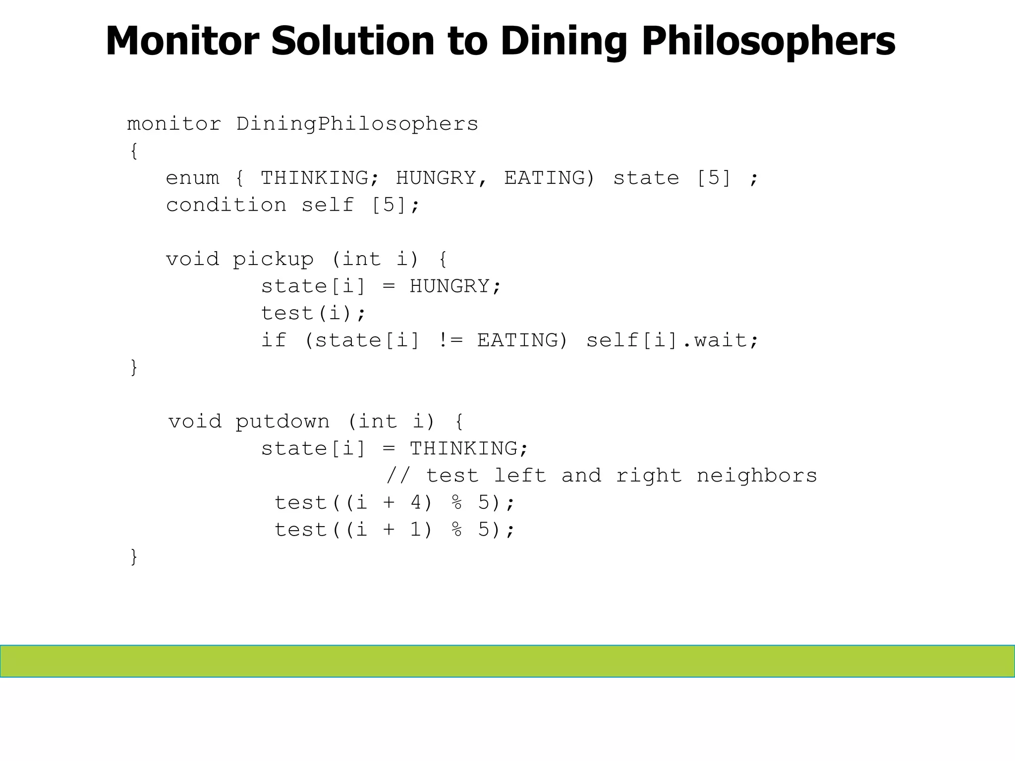 Monitor Solution to Dining Philosophers
monitor DiningPhilosophers
{
enum { THINKING; HUNGRY, EATING) state [5] ;
condition self [5];
void pickup (int i) {
state[i] = HUNGRY;
test(i);
if (state[i] != EATING) self[i].wait;
}
void putdown (int i) {
state[i] = THINKING;
// test left and right neighbors
test((i + 4) % 5);
test((i + 1) % 5);
}
 