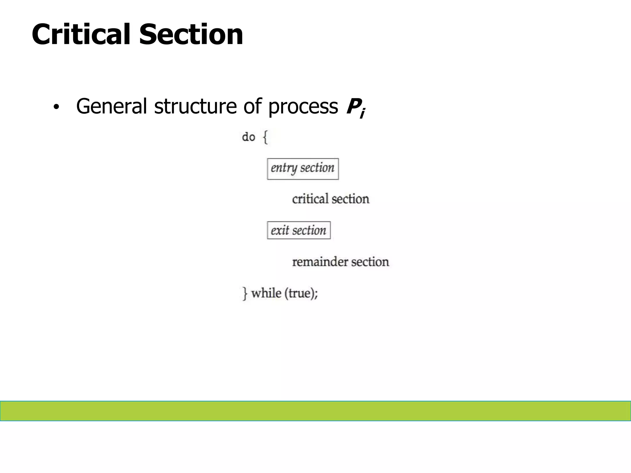 Critical Section
• General structure of process Pi
 