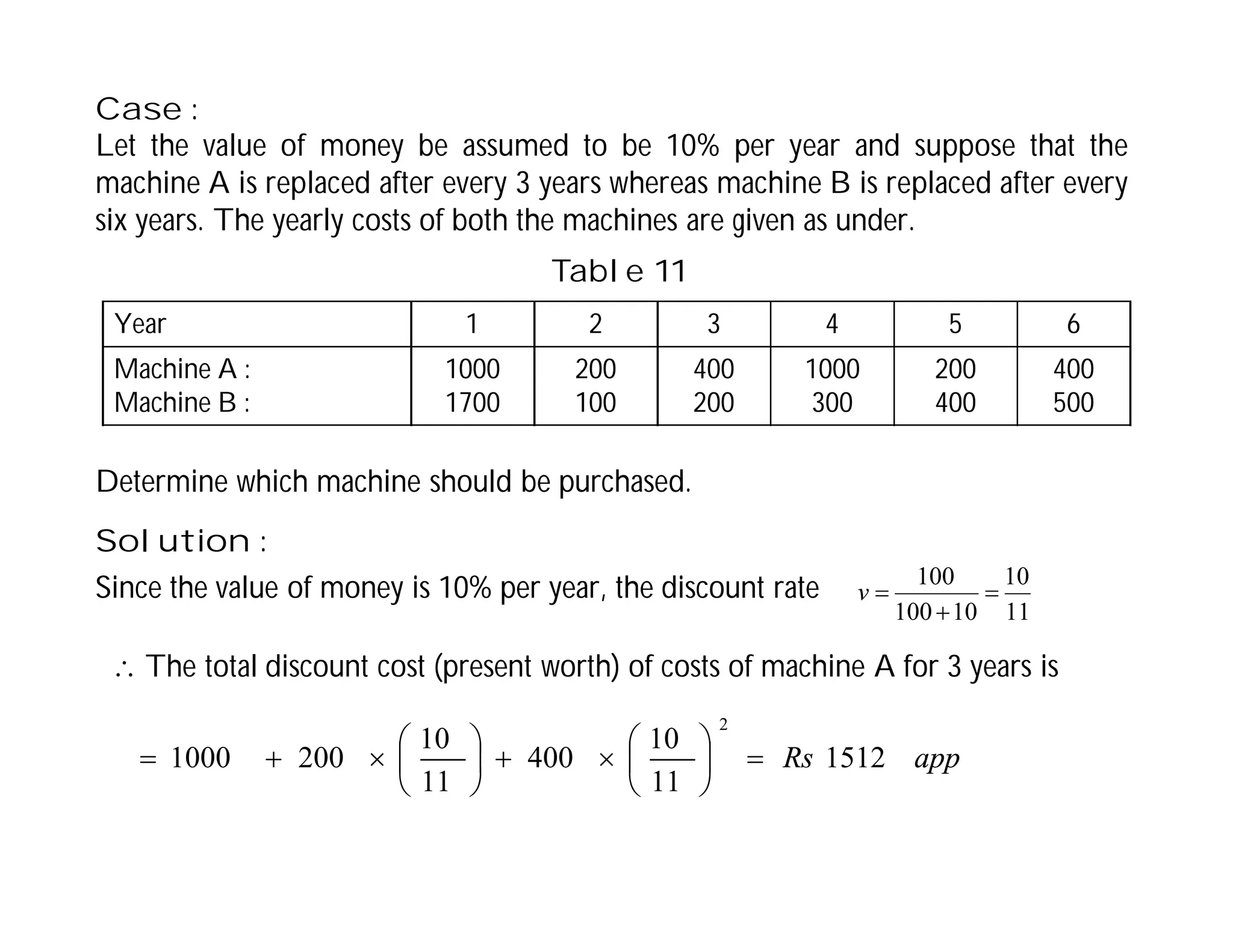 Case :
Let the value of money be assumed to be 10% per year and suppose that the
machine A is replaced after every 3 years whereas machine B is replaced after every
six years. The yearly costs of both the machines are given as under.
Determine which machine should be purchased.
Year 1 2 3 4 5 6
Machine A :
Machine B :
1000
1700
200
100
400
200
1000
300
200
400
400
500
Table 11
Solution :
Since the value of money is 10% per year, the discount rate
11
10
10
100
100



v
 The total discount cost (present worth) of costs of machine A for 3 years is
app
Rs 1512
11
10
400
11
10
200
1000
2


















 