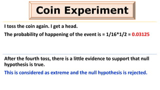 Coin Experiment
I toss the coin again. I get a head.
The probability of happening of the event is = 1/16*1/2 = 0.03125
After the fourth toss, there is a little evidence to support that null
hypothesis is true.
This is considered as extreme and the null hypothesis is rejected.
 